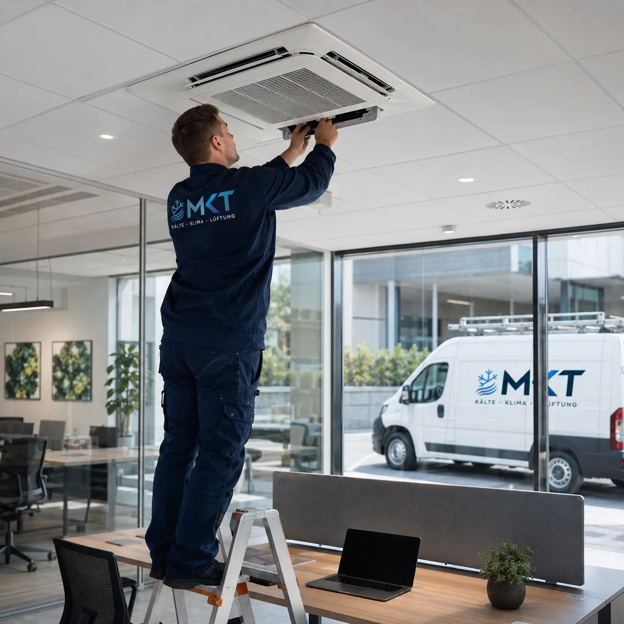 MKT Techniker im Einsatz vor moderner Immobilie